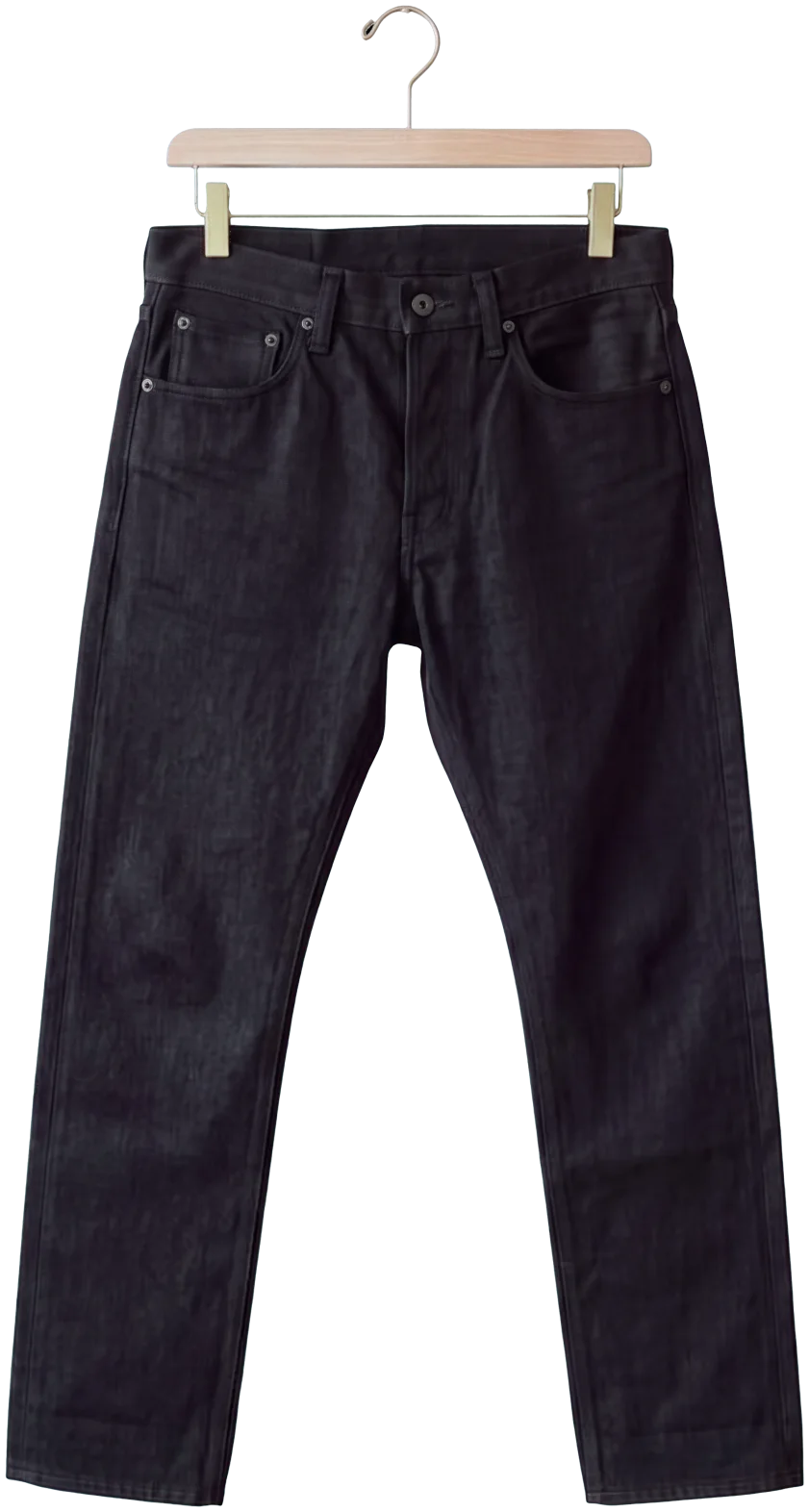 Black selvedge jeans on a wooden clip hanger