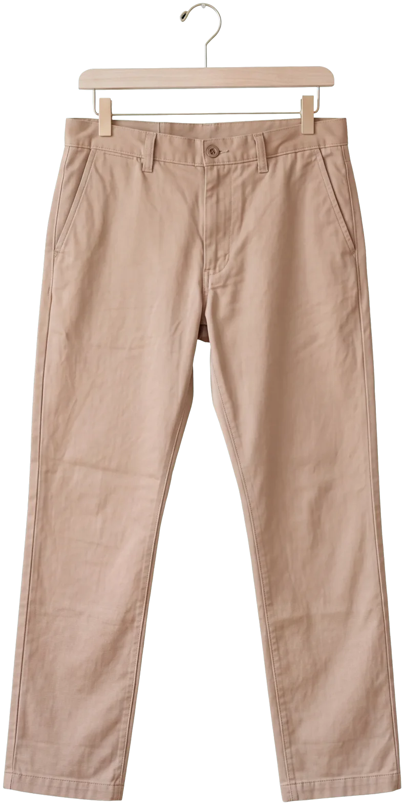 Khaki cotton chinos on a wooden clip hanger