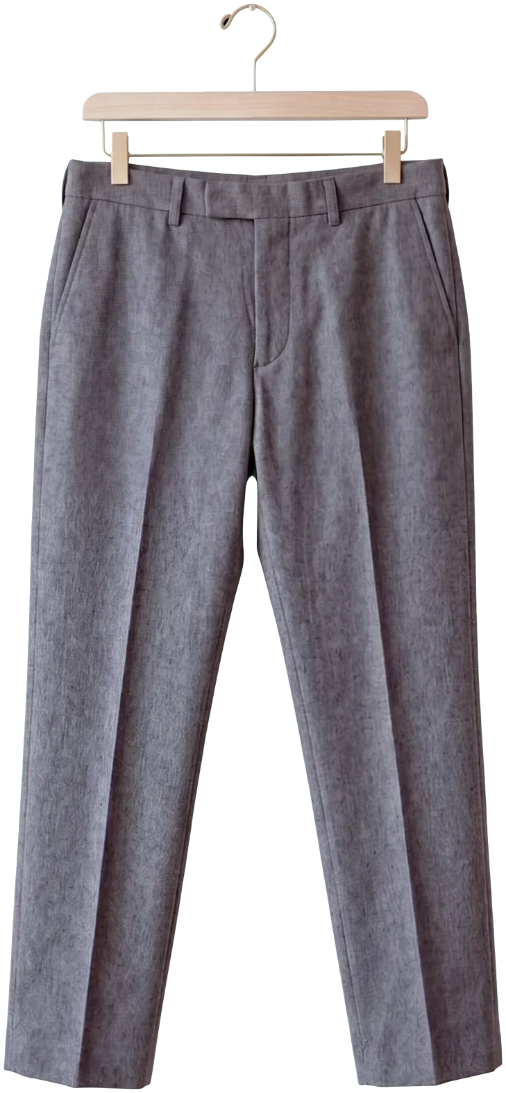 Grey wool flannel trousers with a pressed crease