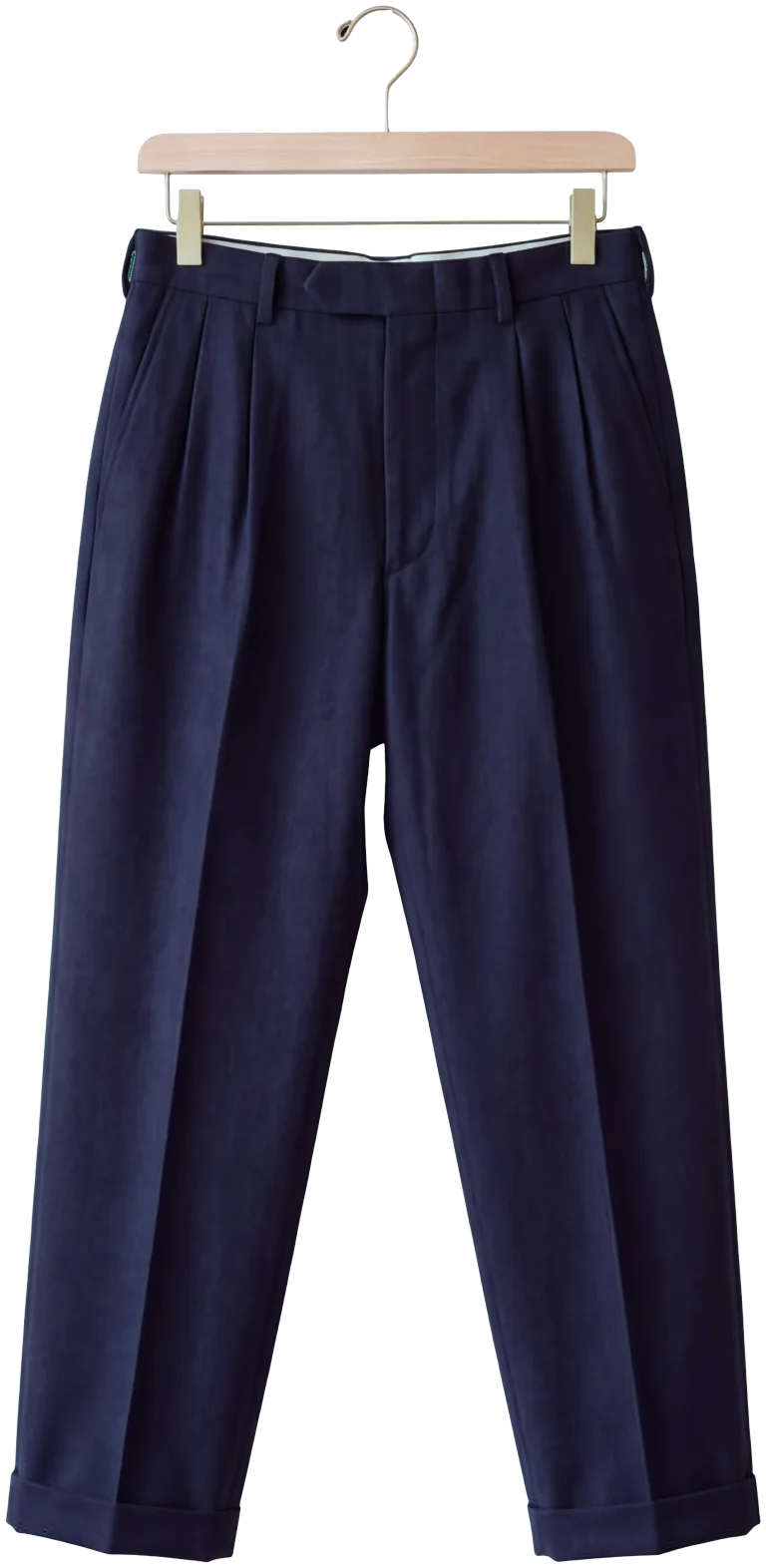 Navy wool trousers with double pleats and turn-ups